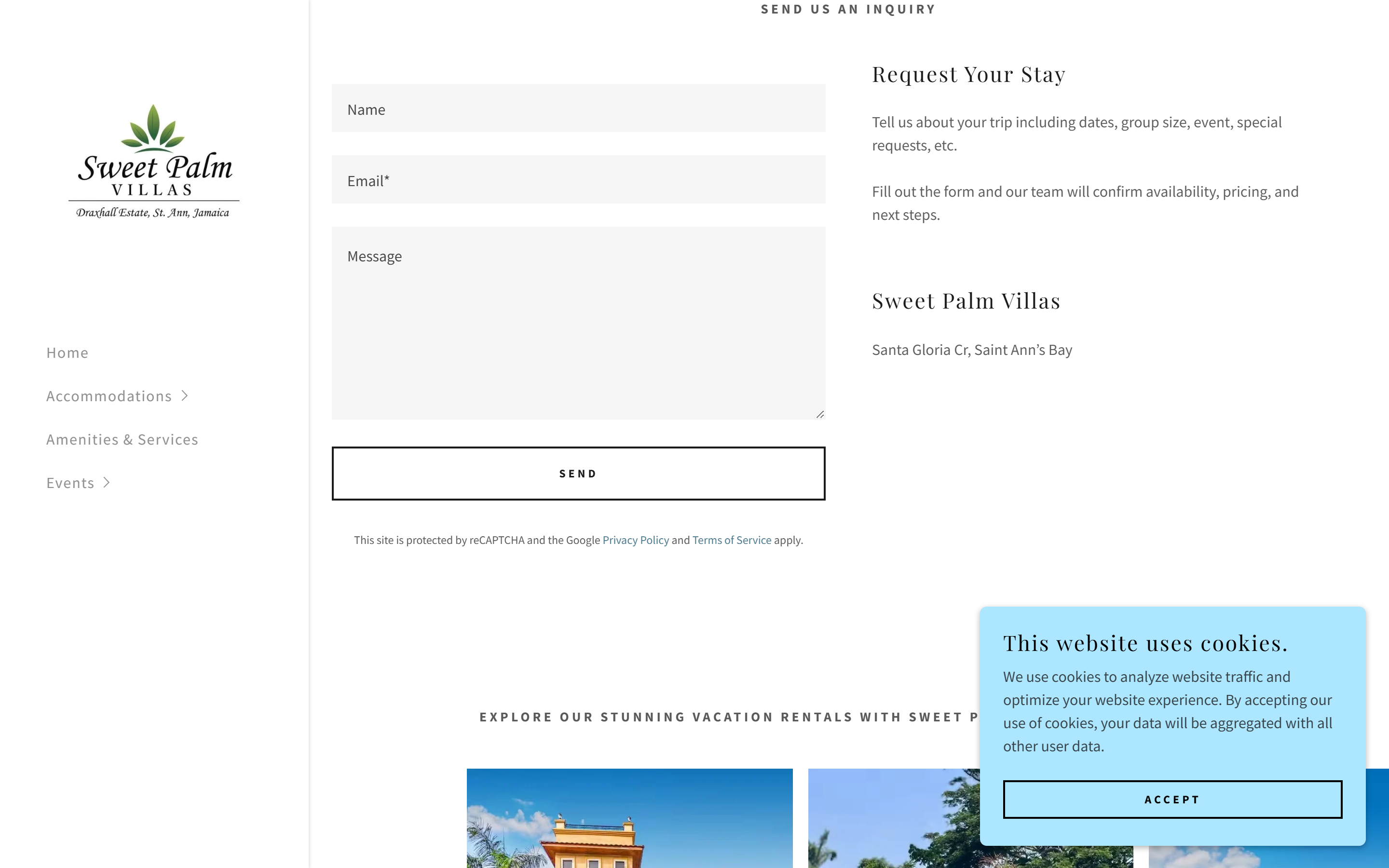 Enquiry form with name, email and message fields